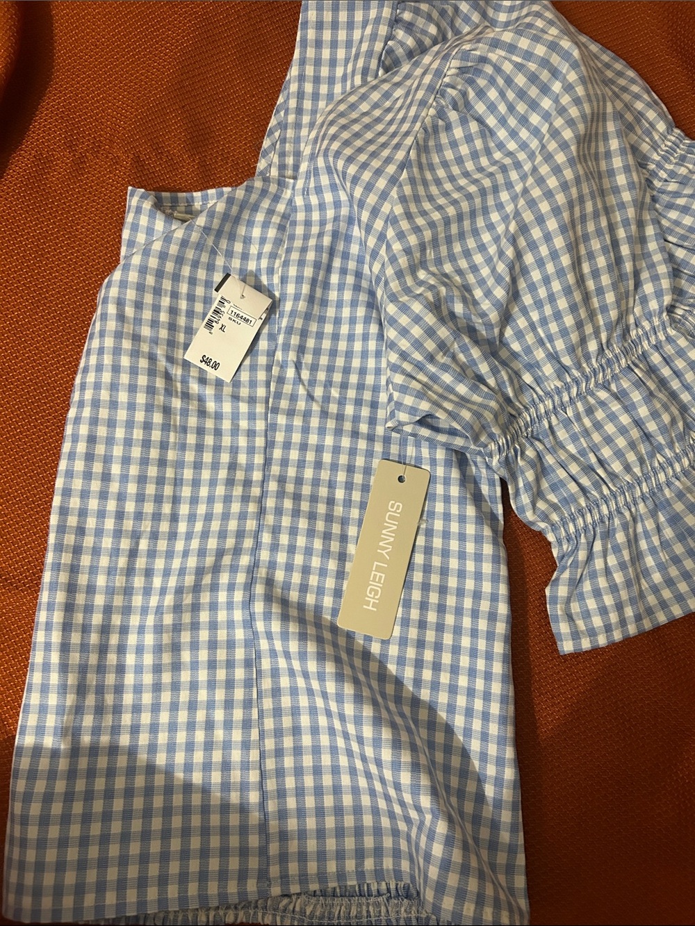 Sunny Leigh Light Blue Gingham Square Neck Puff Sleeve Blouse